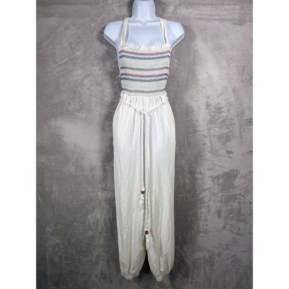 Free People Sienna Smocked Jumpsuit Womens XS White Halter Linen Blend